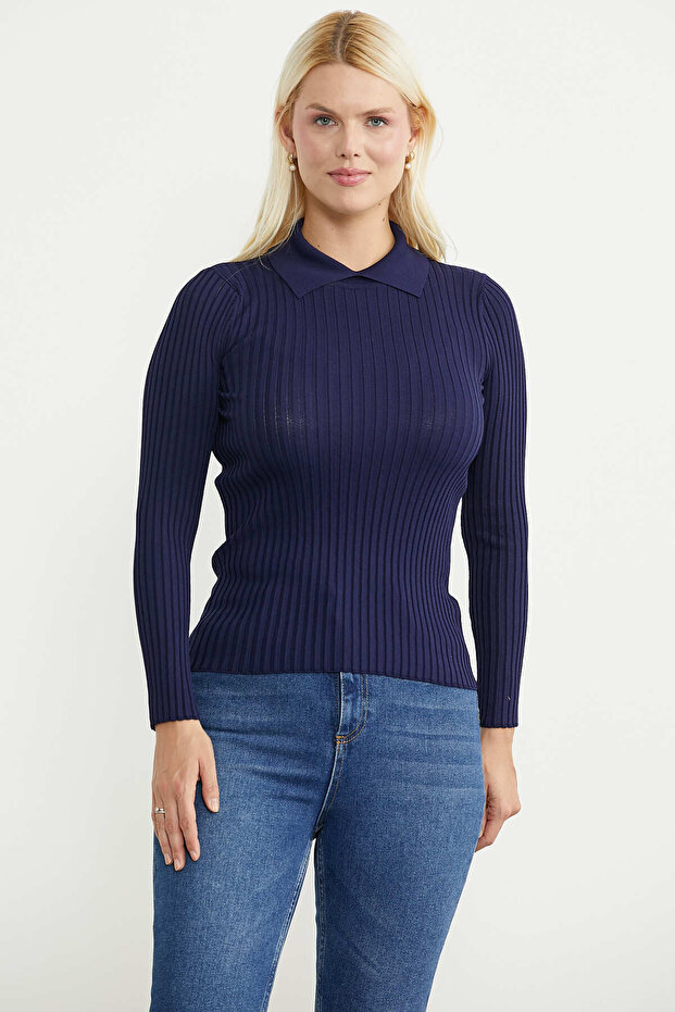 Collar Detailed Ribbed Knit Sweater - Navy Blue