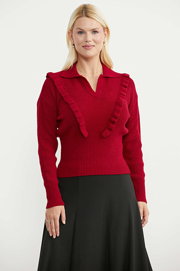 Polo Collar Ruffled Knit Sweater - Red