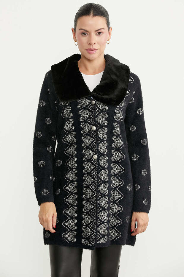 Long Knit Cardigan with Faux Fur Collar - Black