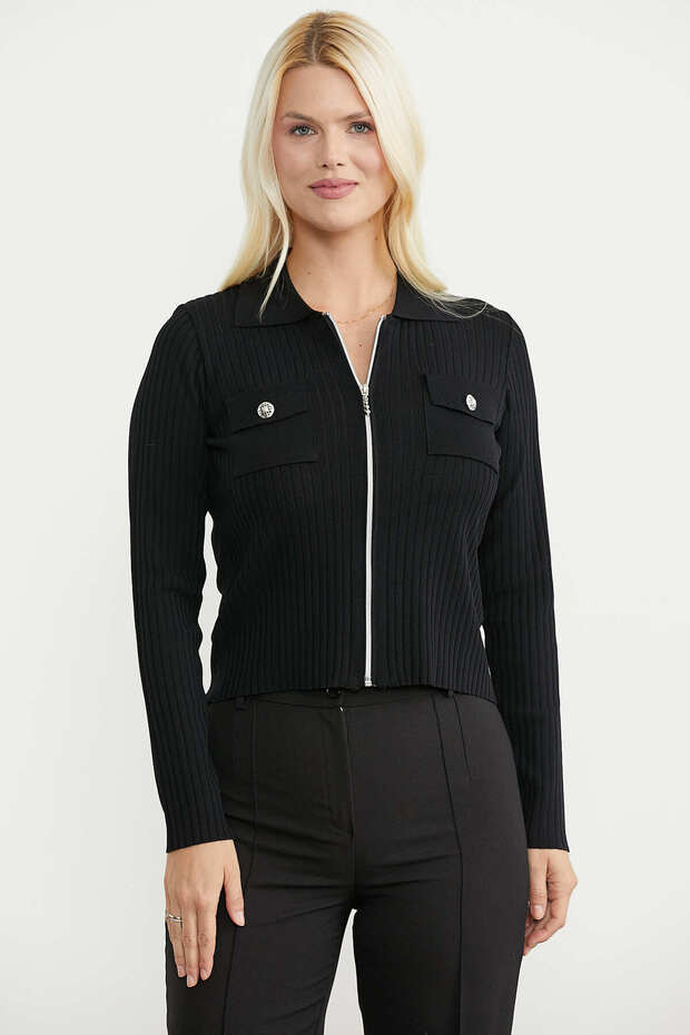 Knitwear Cardigan with Zipper Closure Pocket - Black