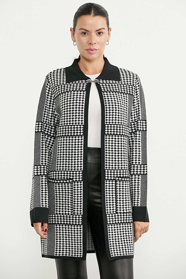 Houndstooth Patterned Long Knit Cardigan - Black