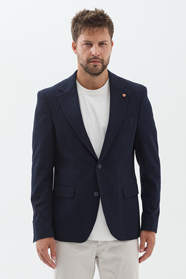 Moreto Men's Navy Blue Cotton Blended Flexible Fabric Dobby Mono Collar Sport Slim Fit Blazer Jacket