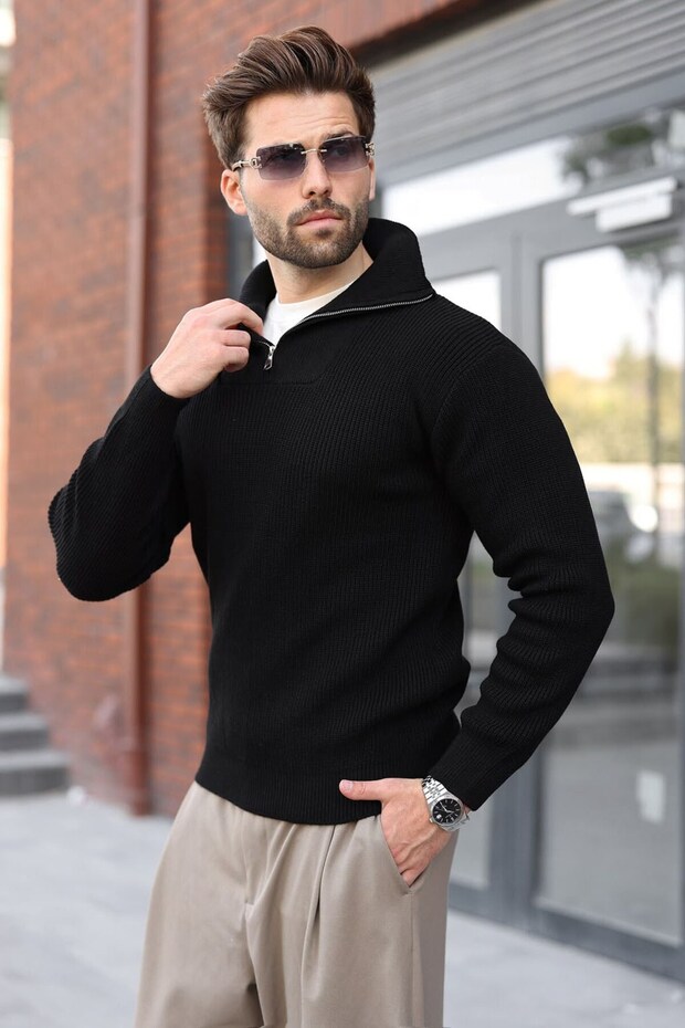 Black Half-Zip Turtleneck Men's Knitwear Sweater E7513