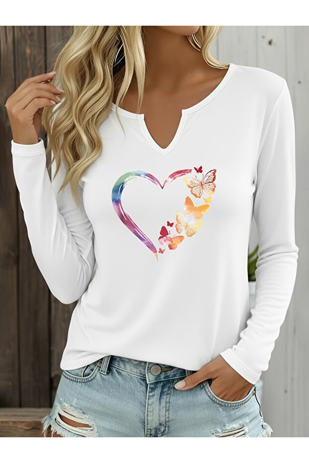 Printed Cotton Half V-Neck Long Sleeve Blouse T-Shirt
