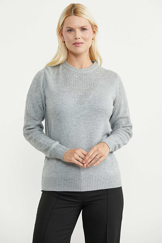 Zero Collar Motif Knit Sweater - Gray