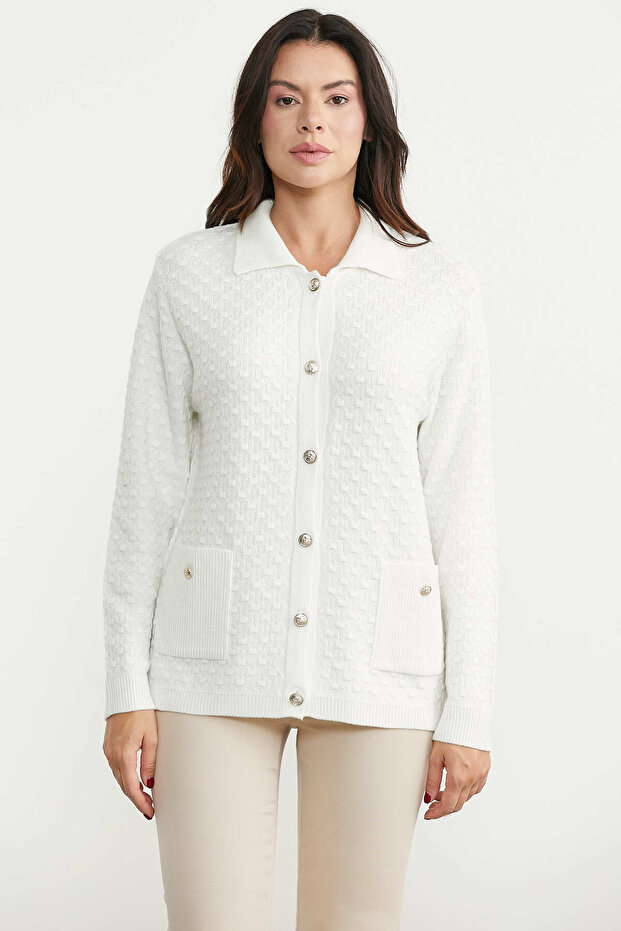 Collared Button Closure Knitwear Cardigan - Bone