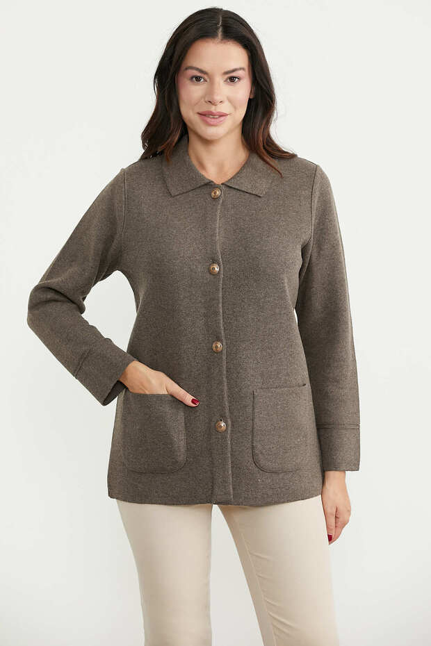 Thick Textured Wool Knitwear Jacket - Milk Coffee