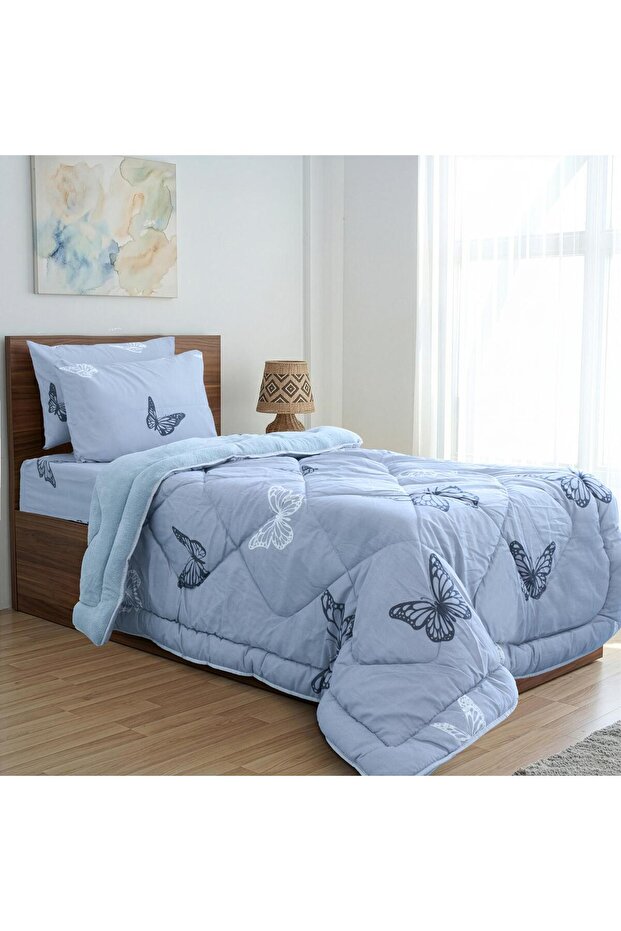 Single Butterfly Patterned Wellsoft Sleeping Set & Quilt + 2 Pillowcases + Fitted Sheet