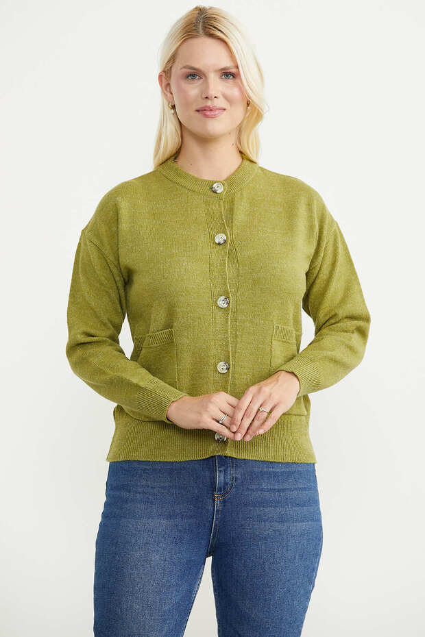 Buttoned Crew Neck Knitwear Cardigan - Green