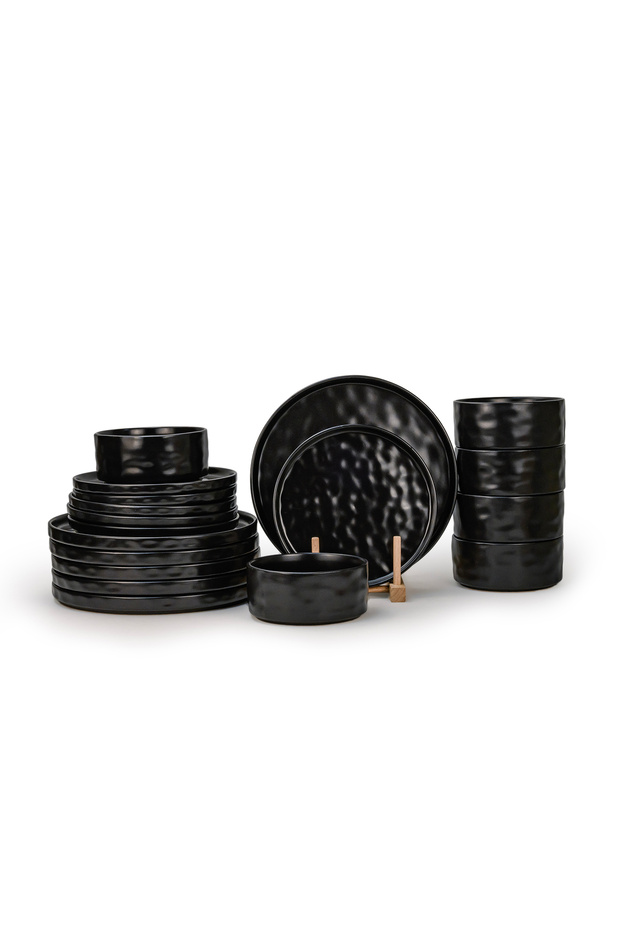 Stoneware HUA 18 Pc Dinner Set, Black | Hammered Texture Dinnerware Set for 6 People