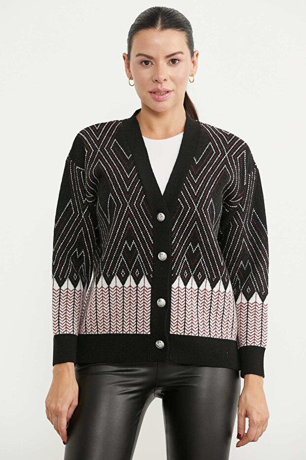 Oversize Patterned Knitwear Cardigan - Black
