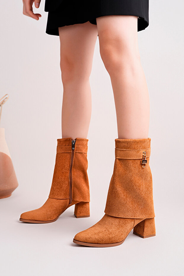 Tan Suede Gold Buckle Detailed Thick Heeled Collared Boots