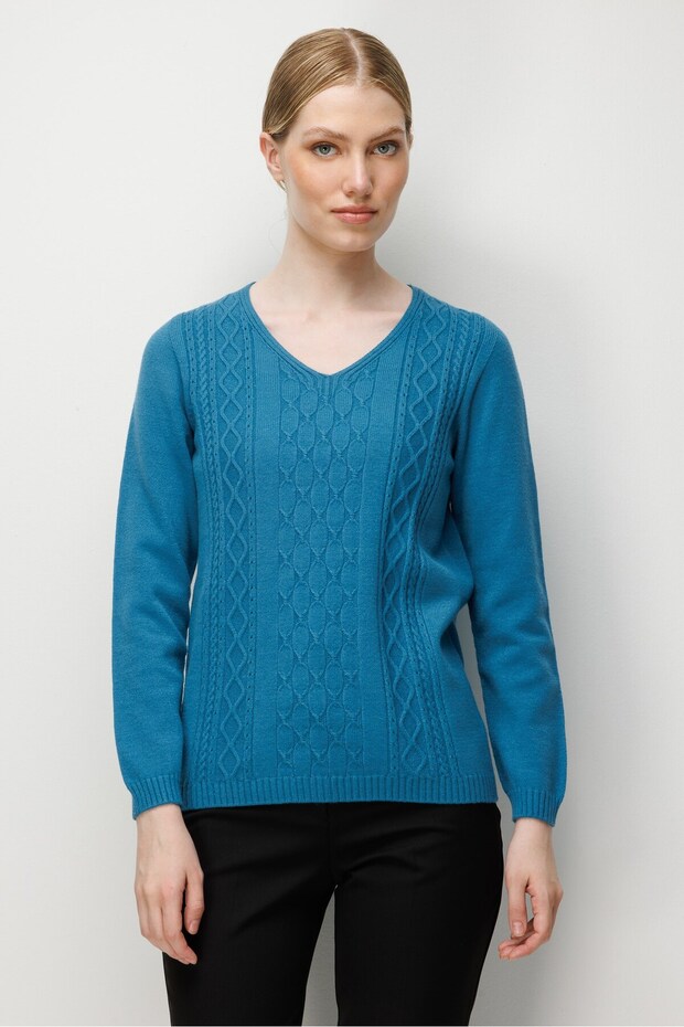 Women's V-Neck Front-Walked Knitwear Sweater A.Petrol