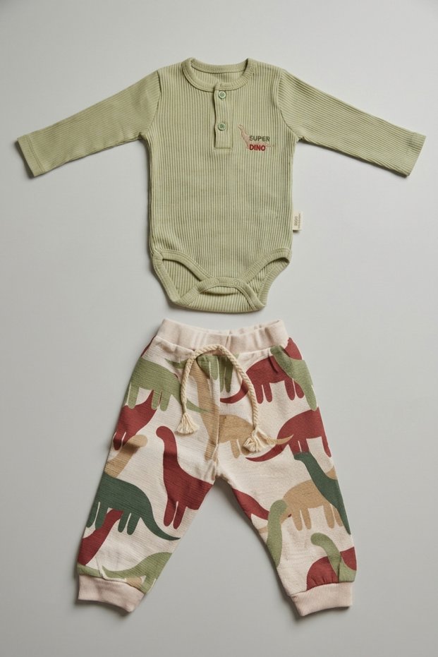 Baby Boy Dinosaur Patterned Corduroy Snap Fastener Bodysuit and Jogger Pants Set