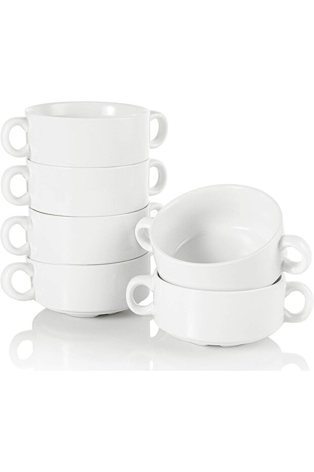 Porcelain Bowls with Double Handles 10 Ounce White French Onion Soup Crocks Round Stackable Bowls for Soup, Cereal, Oatmeal, Set of 6