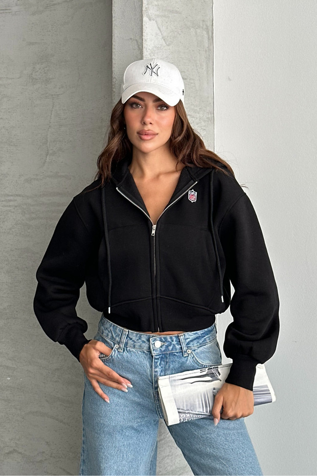 Metal Zipper Hooded Embroidered Crop Sweatshirt Cardigan