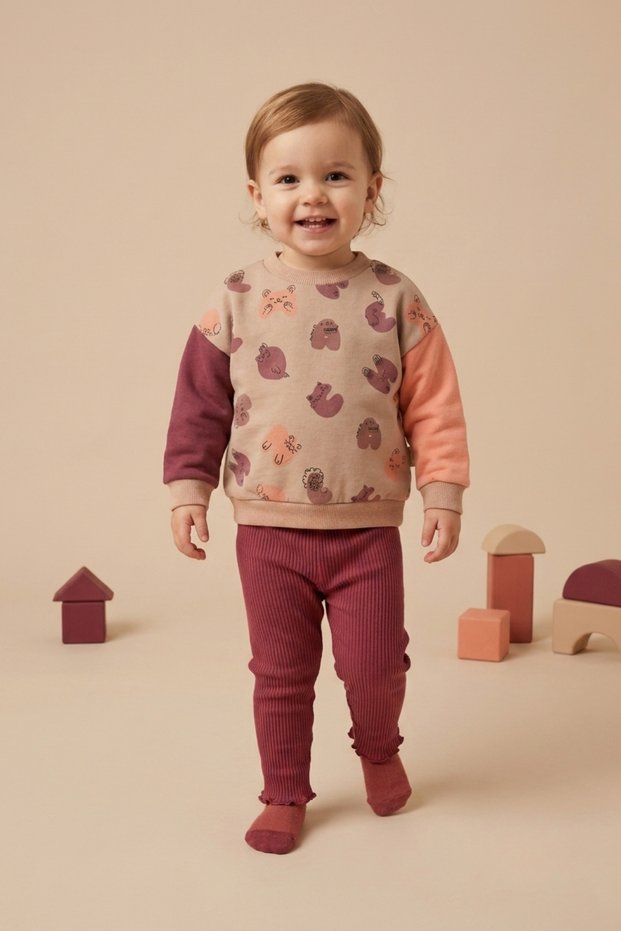 Baby Girl Animal Patterned Sweatshirt and Ruffle Hem Ribbed Leggings Set