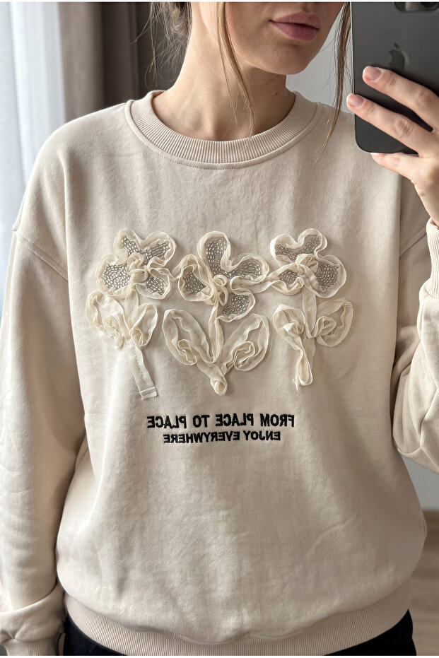 Beige Embroidery and Bead Embellished 100% Cotton Sweatshirt