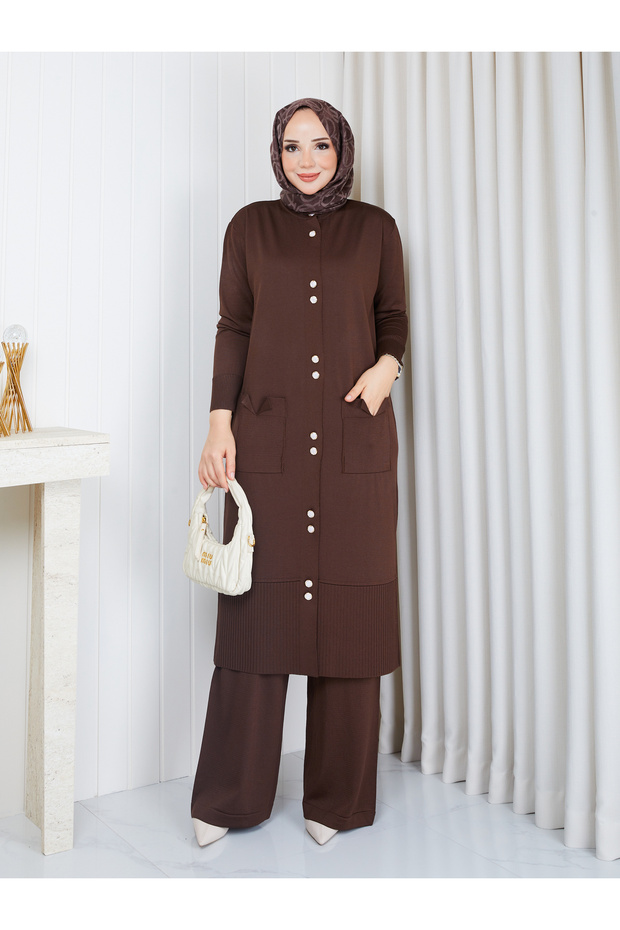 Cold Yarn Bow Pocket Detailed Jacket and Trousers Set