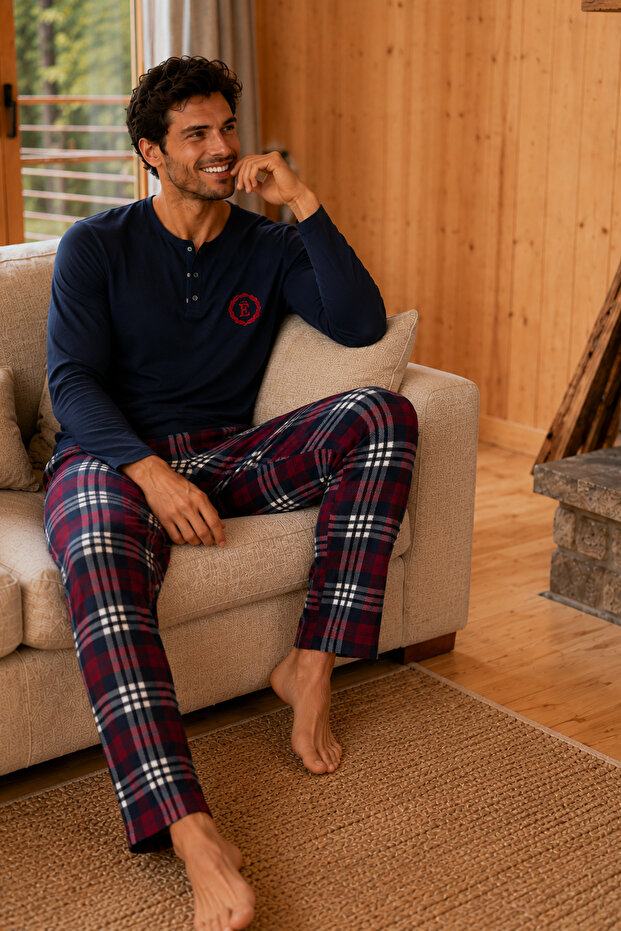 Combed Cotton Knitted Cotton Men's Long Sleeve Placketed Arma Embroidered Pocketed Navy Blue Pajama Set