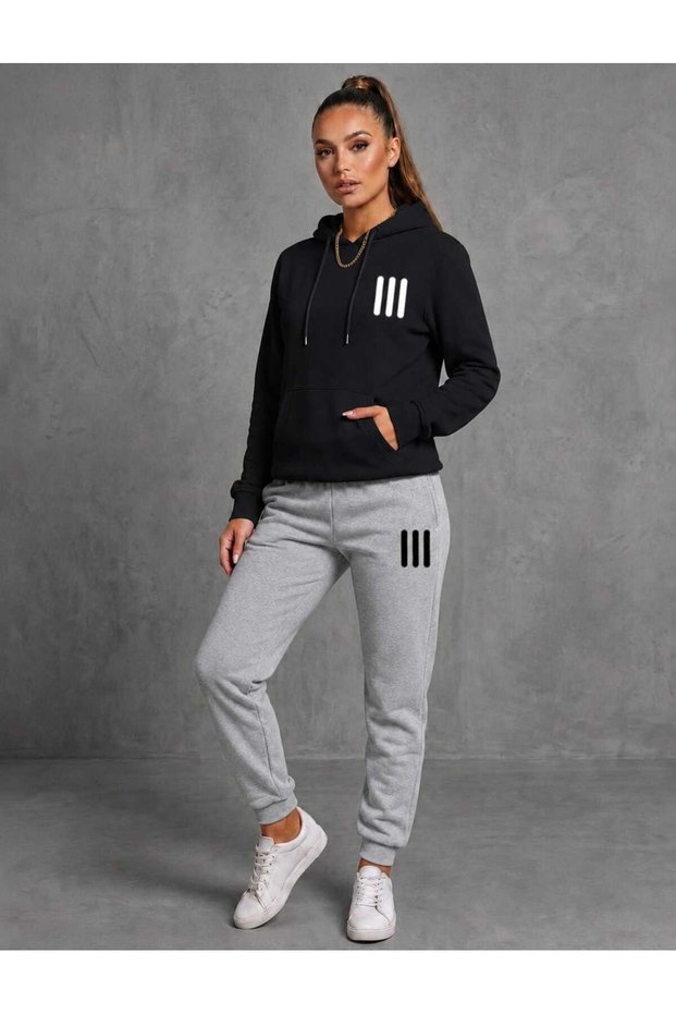 Hooded Tracksuit 2-Piece Combination Seasonal Men-Women Unisex 3 Stripes Printed