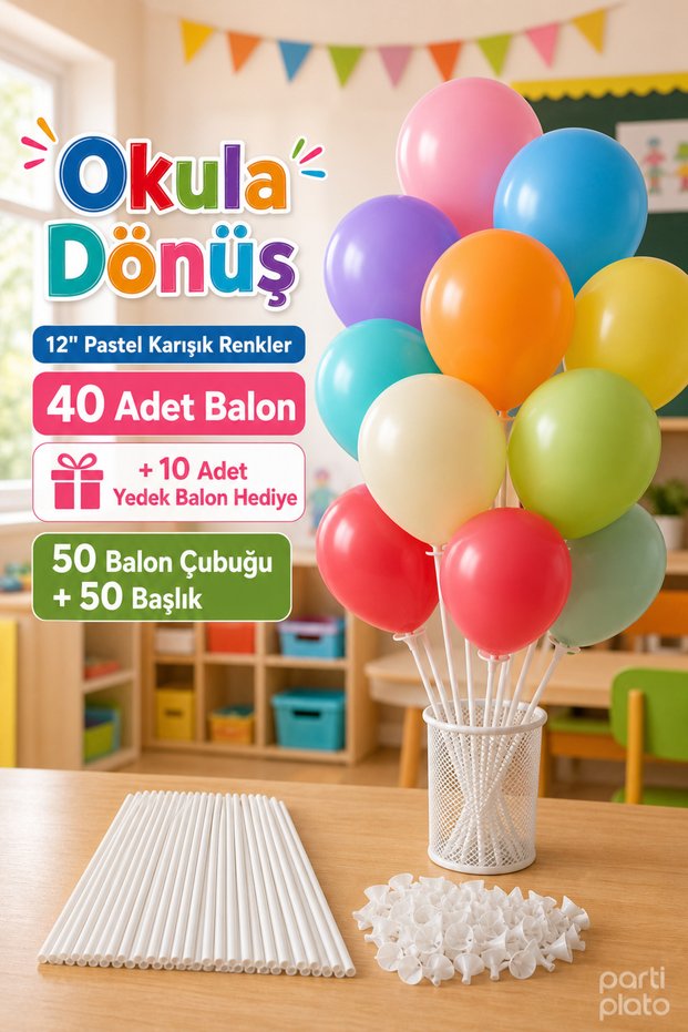 Back to School 50-Piece Pastel 12 Inch Mixed Colors Balloon and Stick Set Kindergarten Primary School Gift