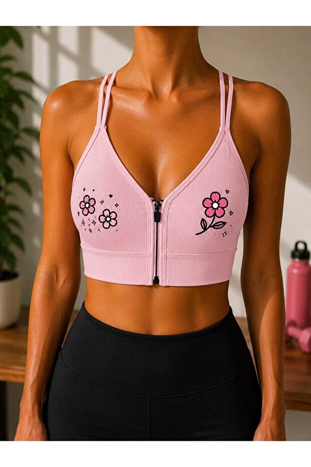 Ribbed Floral Patterned Zippered Sports Bra Bustier with Removable Pads