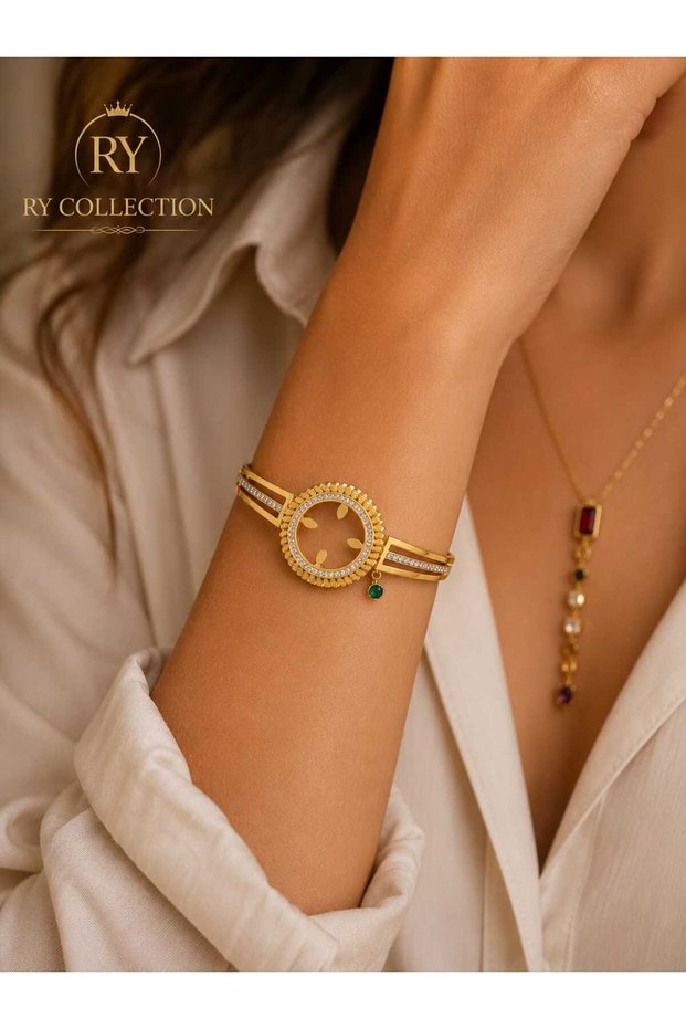 Gold Steel Handcuff Bracelet with a Slot for Half Gold Jewelry in the Middle, Zircon Stone Detail, and Evil Eye Beads