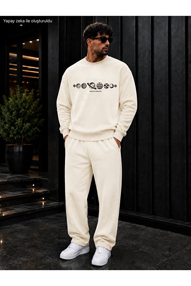 Men's Space Is Created Planet Printed Crew Neck Regular Fit Men's Tracksuit Set / Straight Leg Bottom