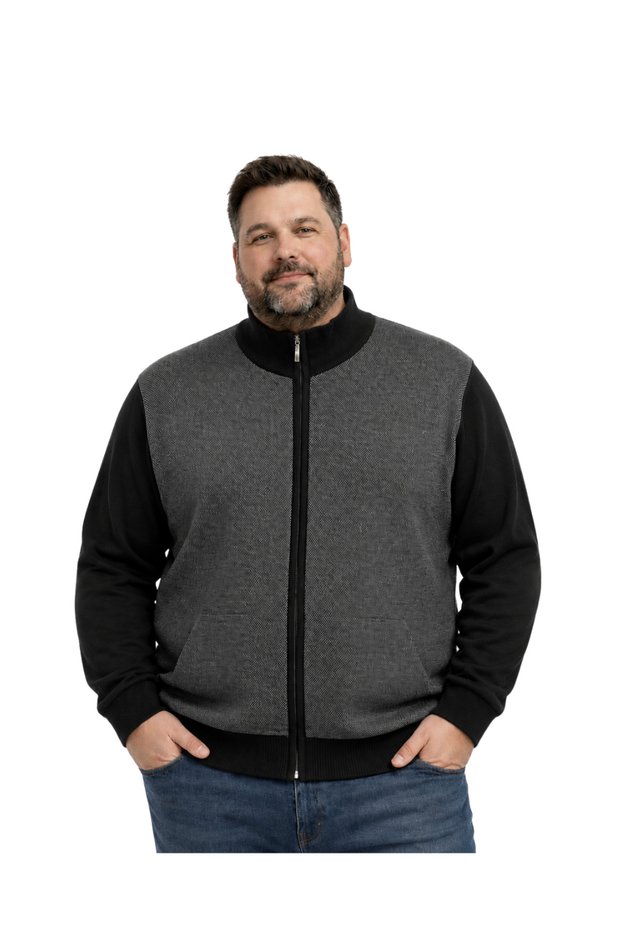 Men's Large Size Black Arven Stand Collar Pocket Knitwear Cardigan 5Xl-6Xl-7Xl-8Xl