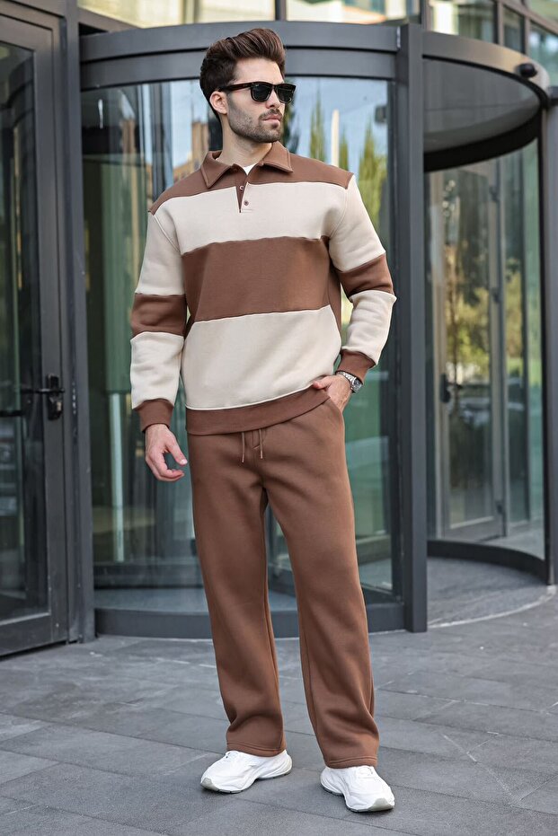 Brown Color Blocked Polo Collar Men's Tracksuit Set E7368