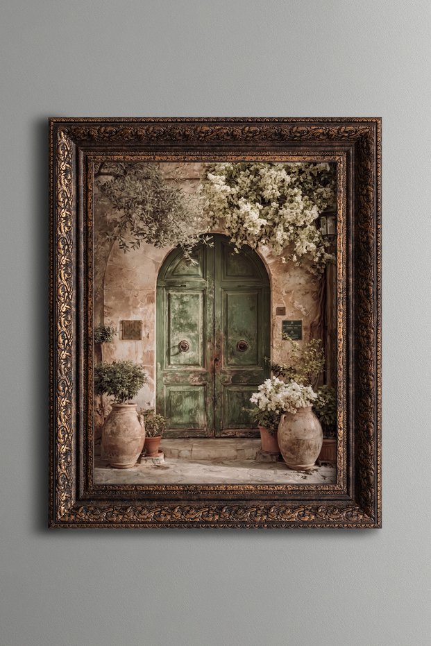 Green Door under Begonviller - Vintage Patterned Painting - Thick Model