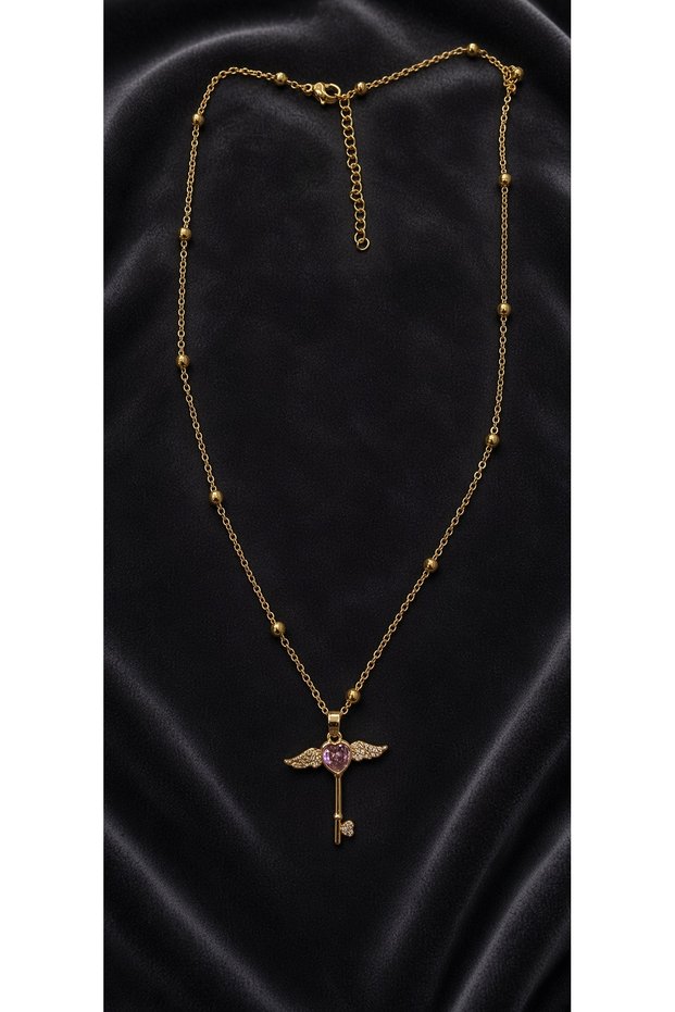 Gold Color Angel Winged Pink Zircon Heart Key Steel Necklace-Non-Tarnish-45Cm