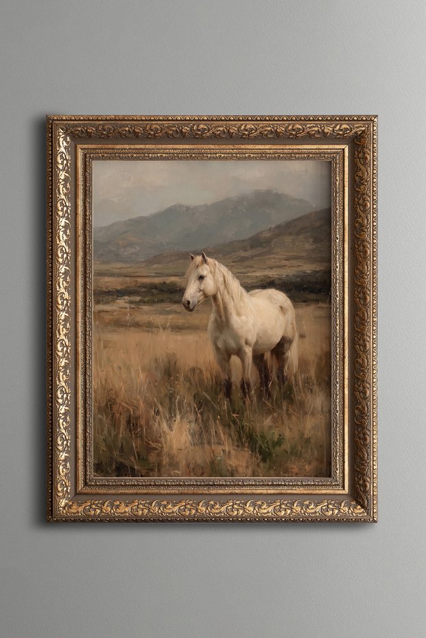 White Horse at the Edge of the Mountains - Vintage Patterned Painting - Thick Model