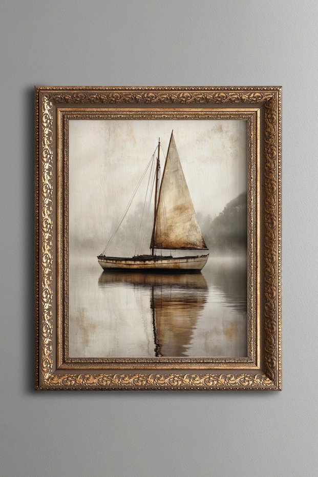 Sailboats in Foggy Waters - Vintage Patterned Painting - Thick Model