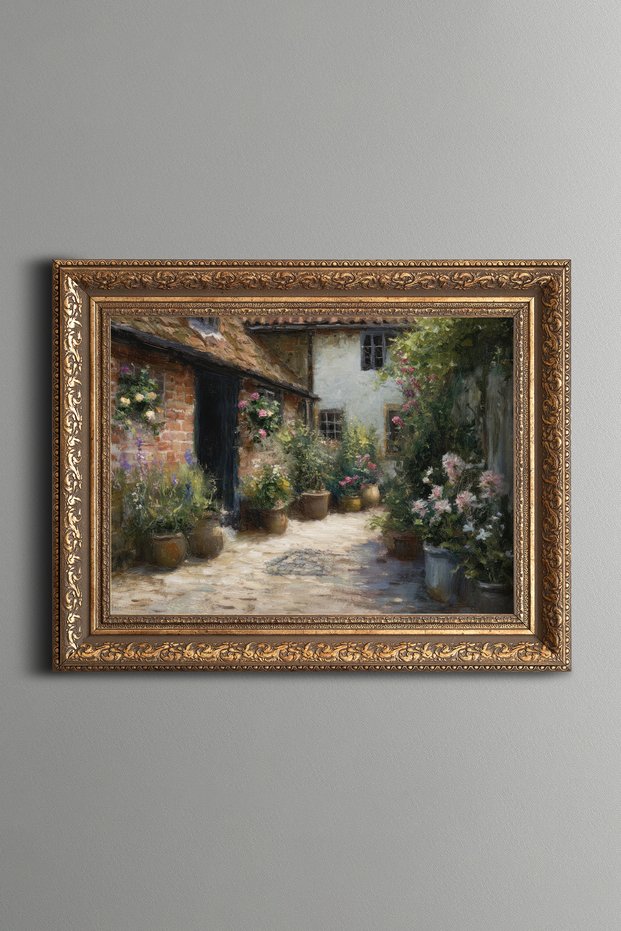 Floral Village Courtyard - Vintage Patterned Painting - Thick Model