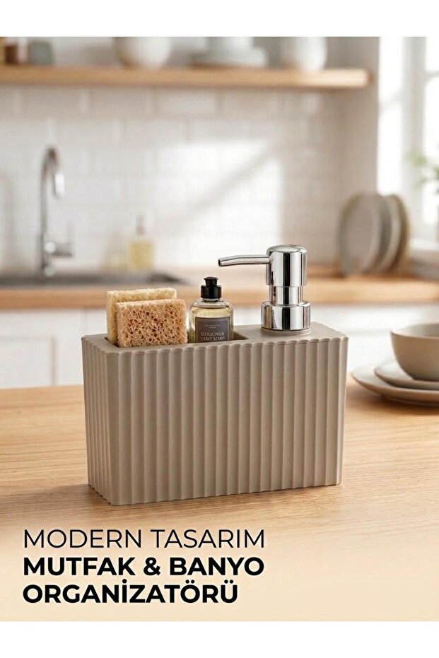 Modern Striped Kitchen Countertop Liquid Soap Dispenser and Sponge Holder Set Bathroom Organizer Countertop Organizer
