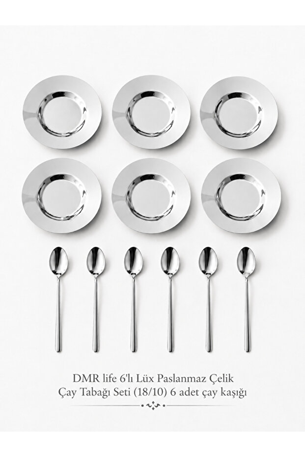 6-Piece Simple Luxury Stainless Steel Tea Plate Set & 6 Plain Tea Spoons (18/10)