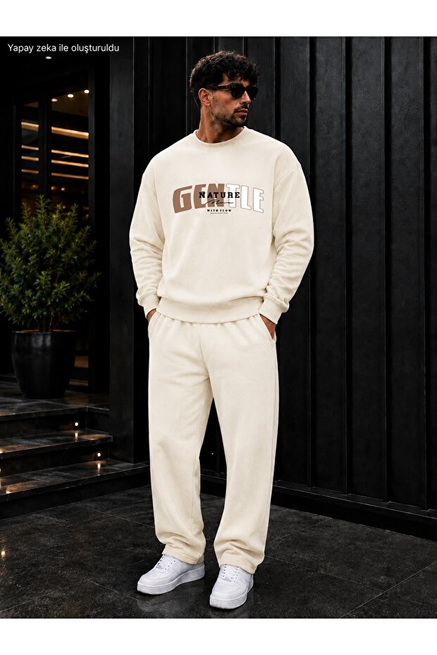 Men's Entle Nature Typography Printed Crew Neck Regular Fit Men's Tracksuit Set / Straight Leg Bottom