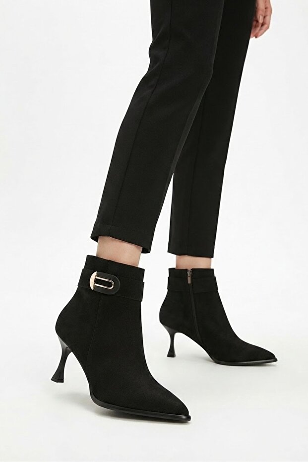 Women's Black Suede Buckle Detailed Heeled Boots