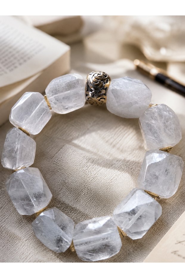 Natural Crystal Quartz Stone Women's Bracelet 15×10 mm – Chunky Cylinder Cube Cut Show-Stopping Design
