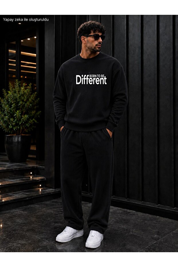 Men's Born to Be Different Typography Printed Crew Neck Regular Fit Men's Tracksuit Set / Straight Leg Bottom
