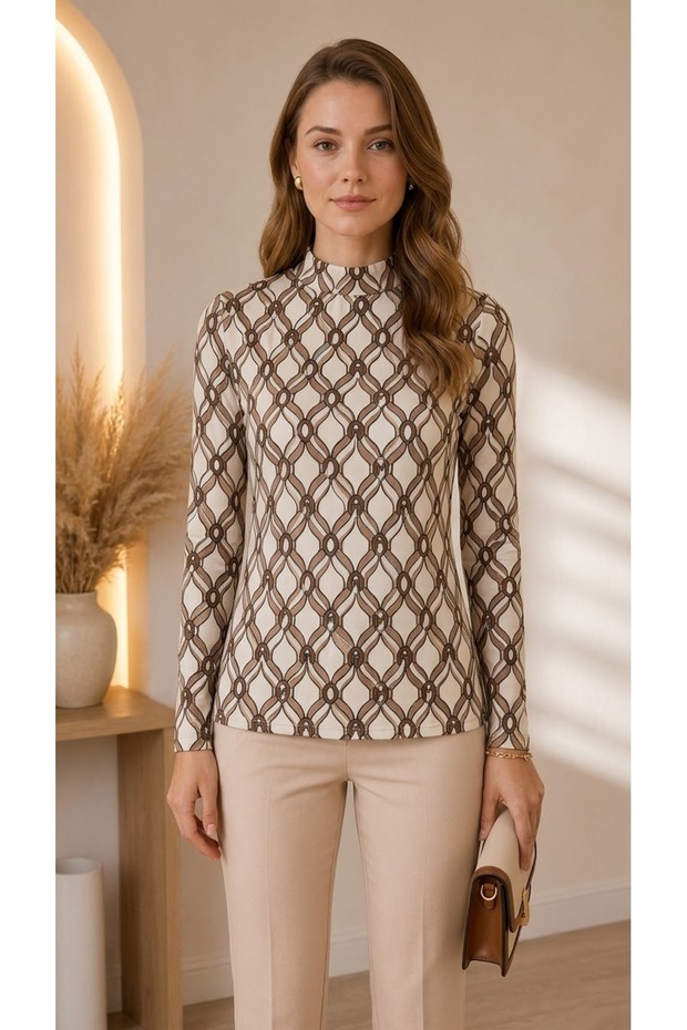 Women's Ecru Beige Chain Pattern Stand Collar Long Sleeve Viscose Elastane Trend Blouse