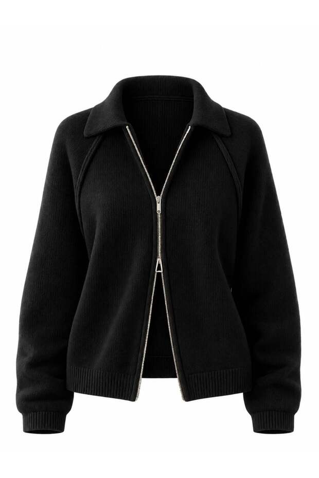 Rosalie Oversize Polo Collar Double Zipper Knitwear Cardigan Women Black