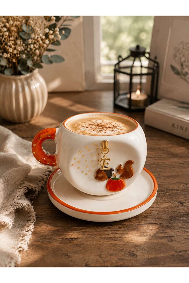 Handmade Autumn-Themed Ceramic Mug 240ml (Specify the Letter You Want after Ordering in the Message)