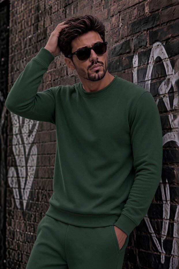 John Men's Two-Drawstring Plain Color Casual Crew Neck Sweatshirt