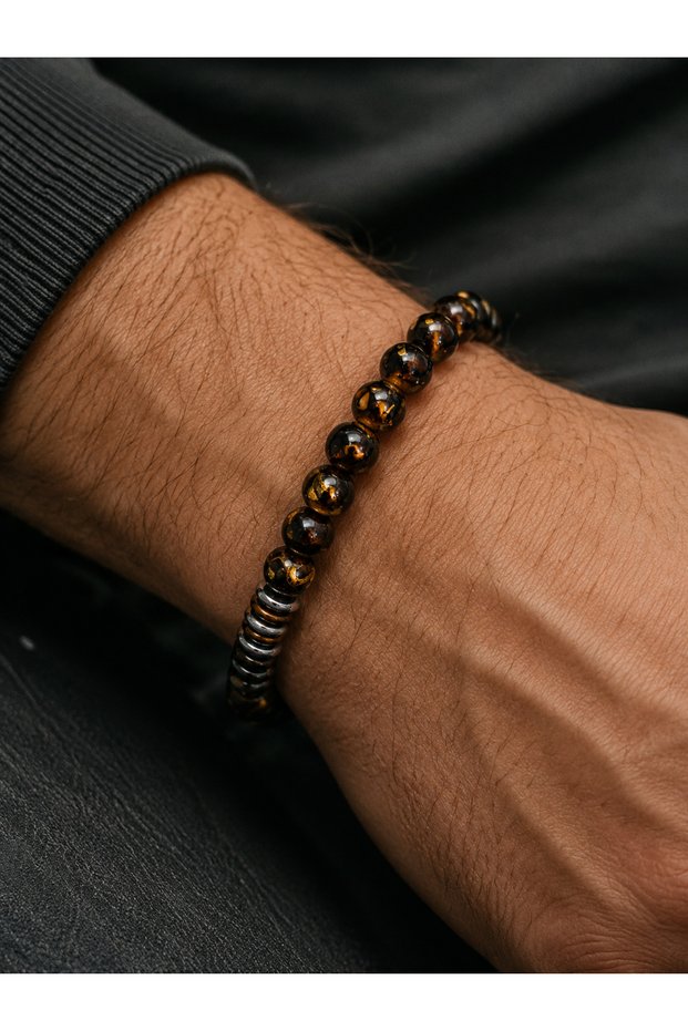 Men's Natural Stone Bracelet Men's Jewelry Brown Black Gold Detailed Stylish Modern Daily Gift Model