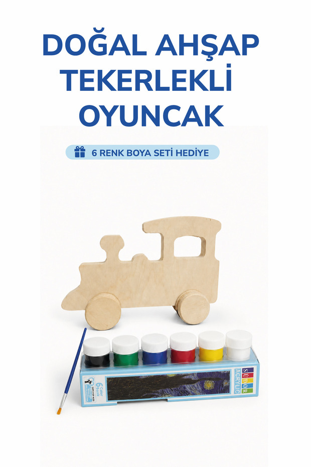 Wooden Train Toy Natural Handmade Paintable Educational Toy + 6-Piece Paint Set Gift