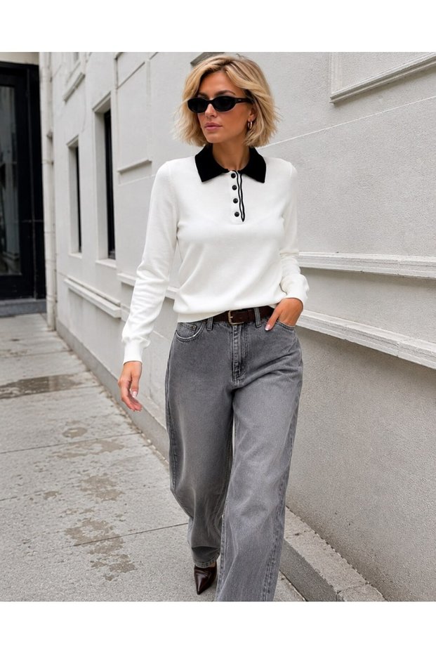 Polo Collar Contrast Collar Detailed Buttoned Long Sleeve Basic Knitwear Sweater Aw26Kz00046