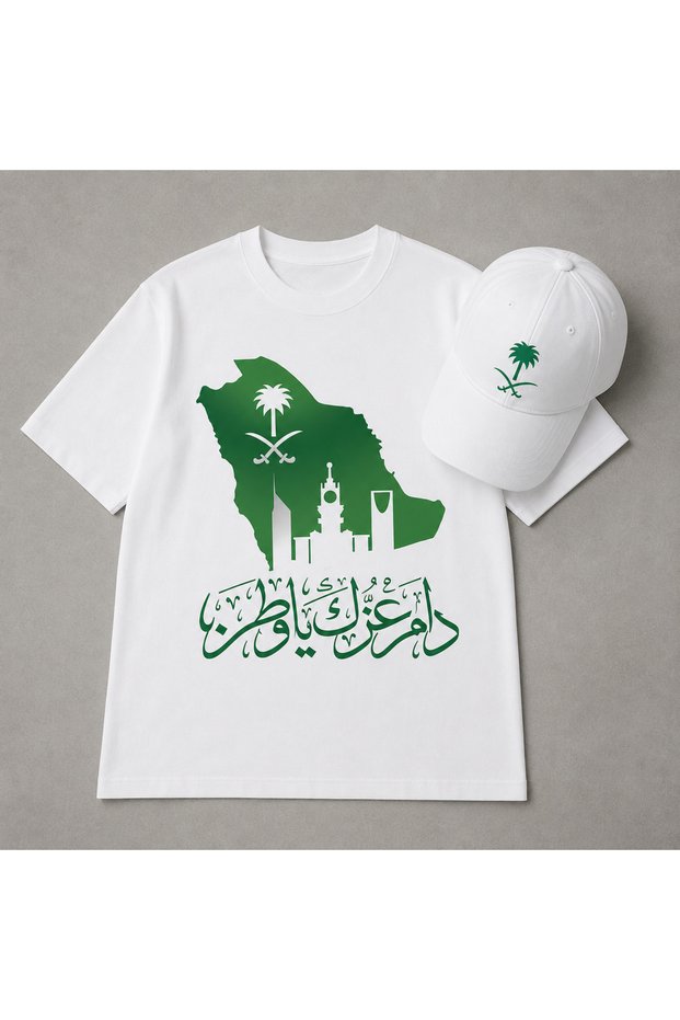 Saudi Arabia National Day Men's T-Shirt and Hat Set of 2 100% Cotton White Oversize Printed